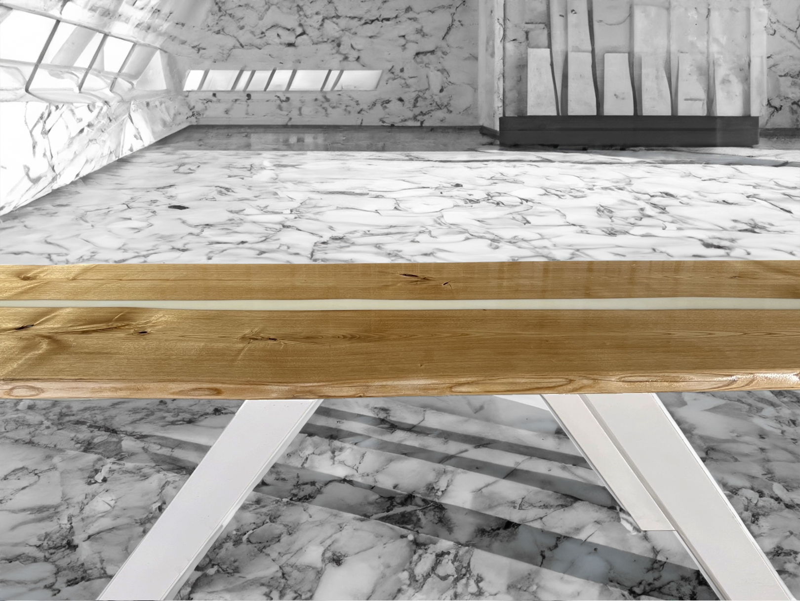 Tavolo legno castagno resina bianca Alcantara - naturanera